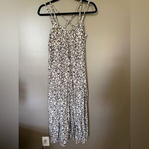 Floral Print Strappy Maxi Dress in Black and Cream